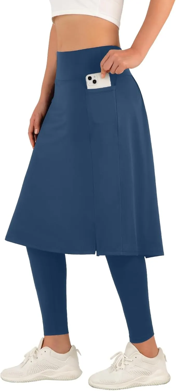 ANIVIVO Women Long Knee Length Skirt with Full Leggings,Skirted Leggings with High Waisted Pockets