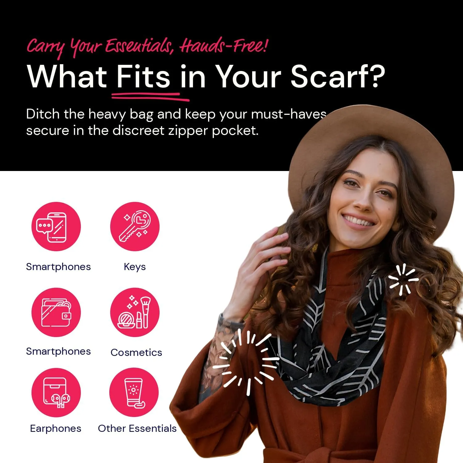 Arrow Pattern Infinity Scarf for Women - Travel Scarf with Hidden Zipper Pocket - All Seasons
