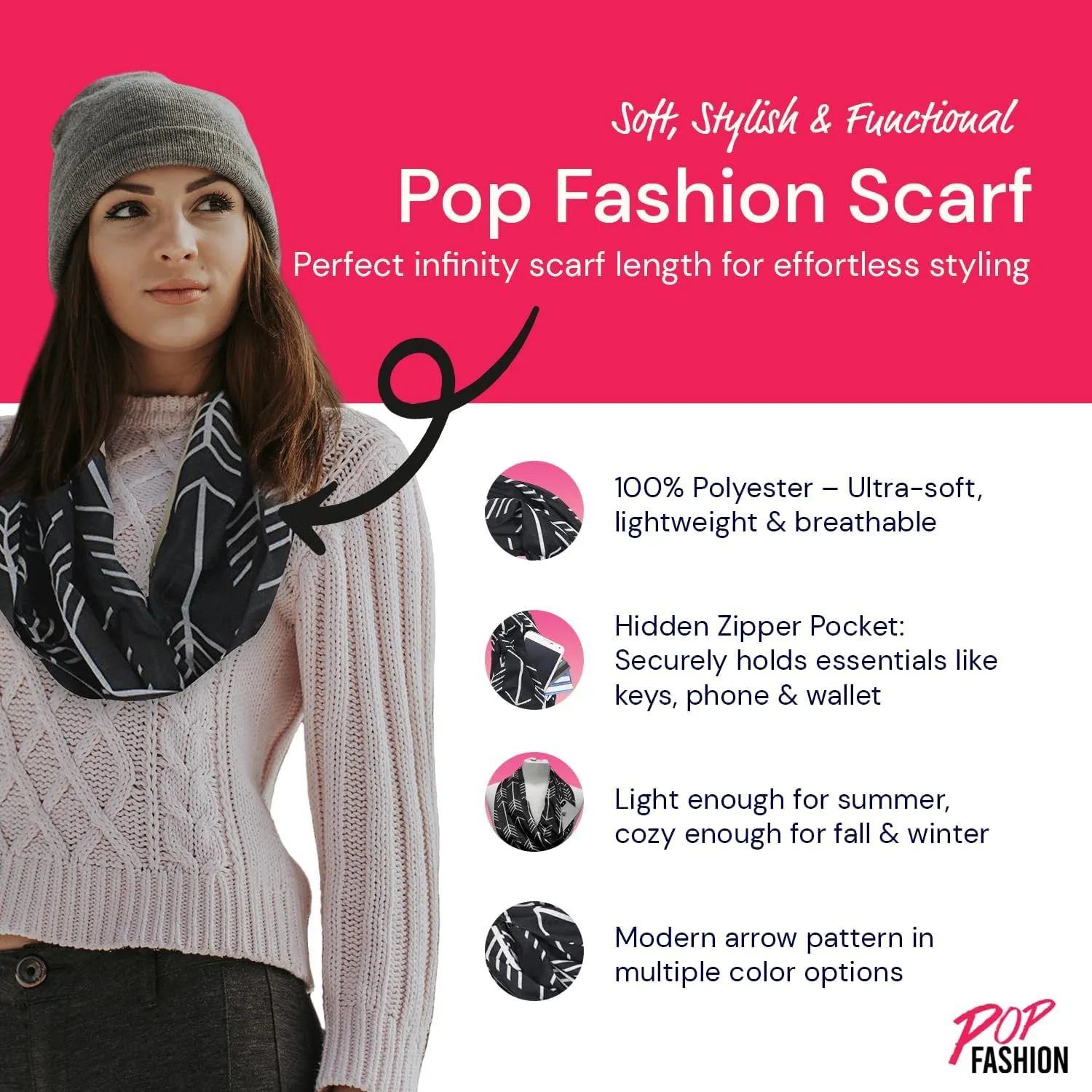 Arrow Pattern Infinity Scarf for Women - Travel Scarf with Hidden Zipper Pocket - All Seasons