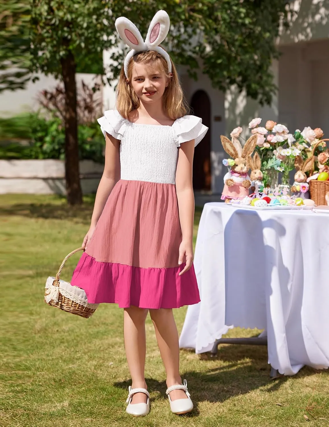 Arshiner Girls Dresses Double Pleated Sleeve Square Neck Off Shoulder with Pockets Tween Sundress Size 5-16