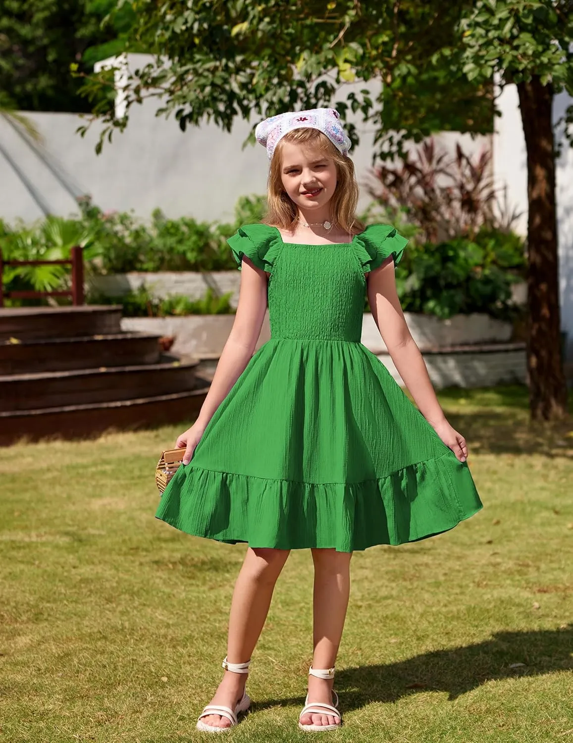 Arshiner Girls Dresses Double Pleated Sleeve Square Neck Off Shoulder with Pockets Tween Sundress Size 5-16