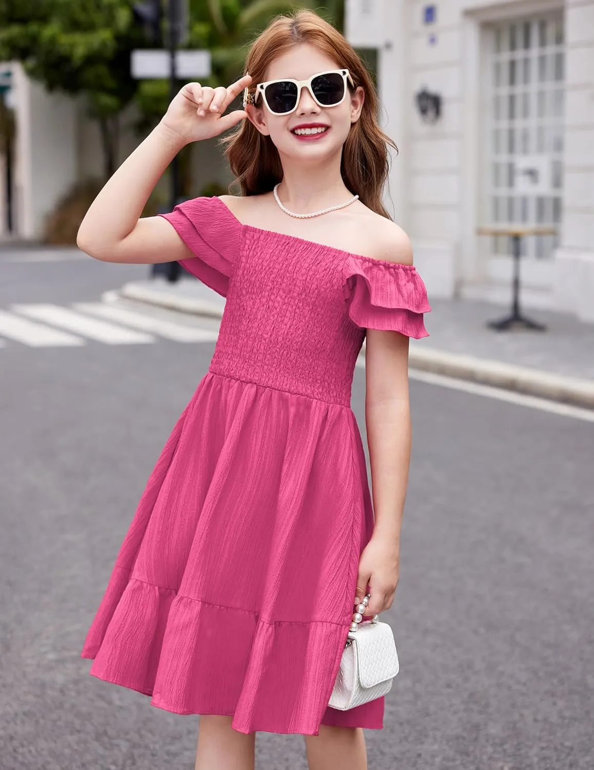 Arshiner Girls Dresses Double Pleated Sleeve Square Neck Off Shoulder with Pockets Tween Sundress Size 5-16
