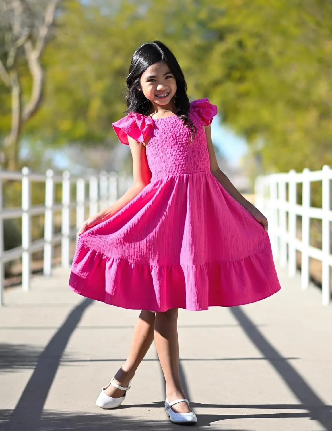 Arshiner Girls Dresses Double Pleated Sleeve Square Neck Off Shoulder with Pockets Tween Sundress Size 5-16