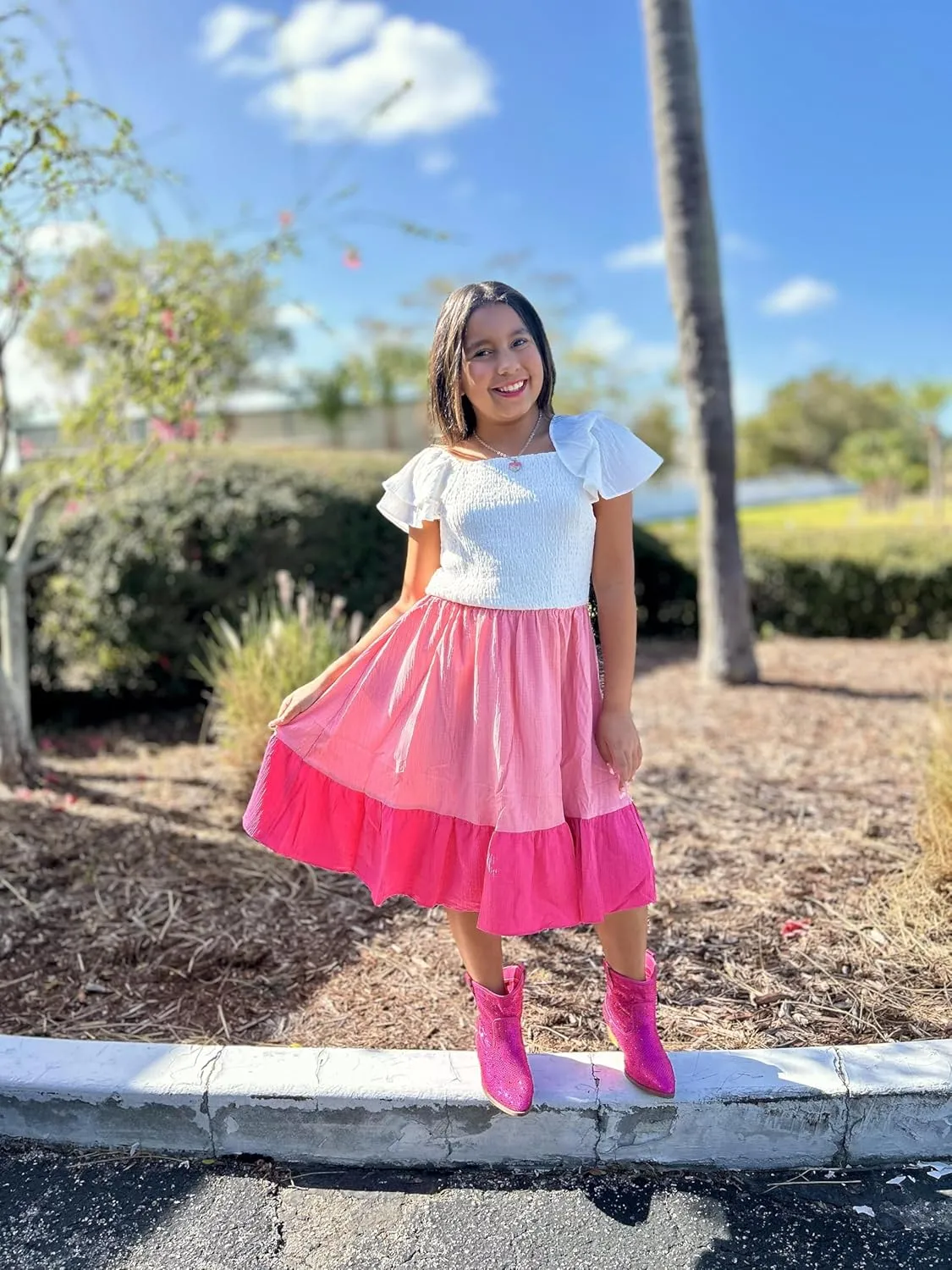 Arshiner Girls Dresses Double Pleated Sleeve Square Neck Off Shoulder with Pockets Tween Sundress Size 5-16