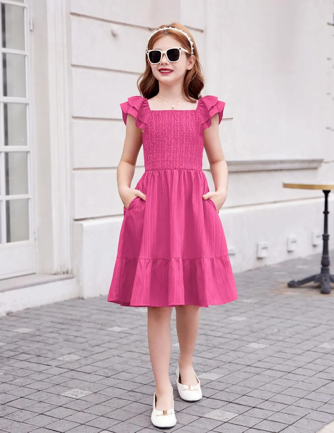 Arshiner Girls Dresses Double Pleated Sleeve Square Neck Off Shoulder with Pockets Tween Sundress Size 5-16