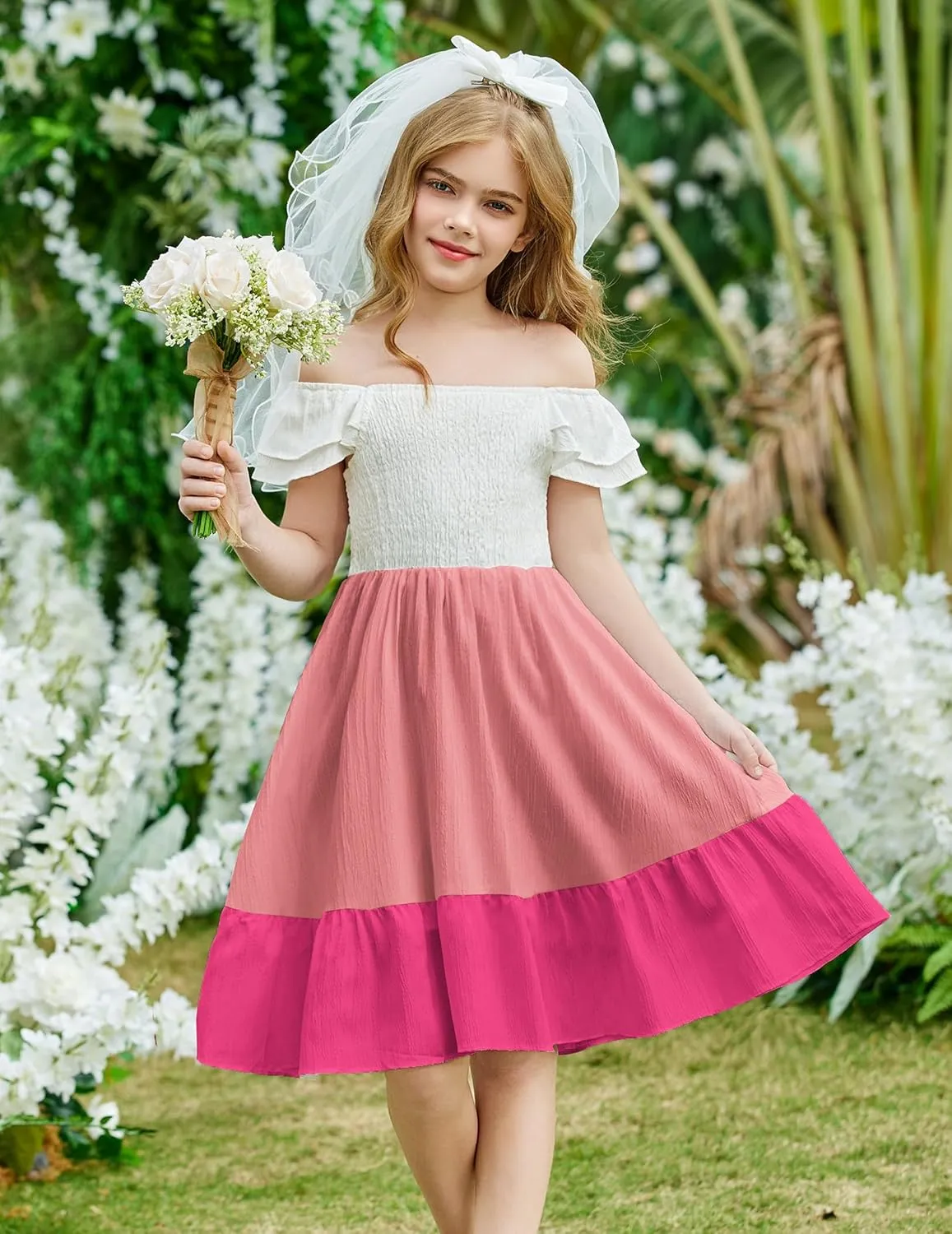 Arshiner Girls Dresses Double Pleated Sleeve Square Neck Off Shoulder with Pockets Tween Sundress Size 5-16