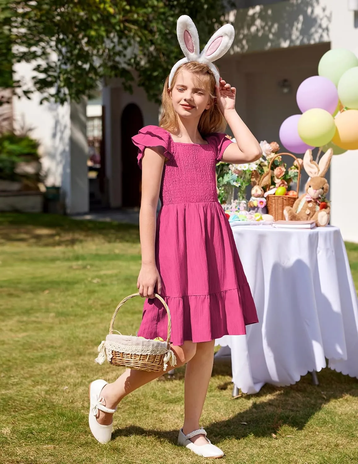 Arshiner Girls Dresses Double Pleated Sleeve Square Neck Off Shoulder with Pockets Tween Sundress Size 5-16