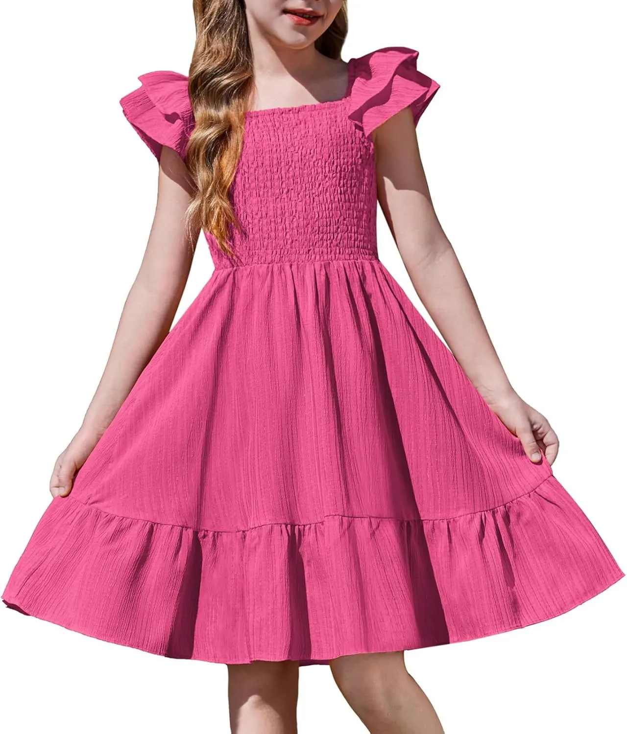 Arshiner Girls Dresses Double Pleated Sleeve Square Neck Off Shoulder with Pockets Tween Sundress Size 5-16