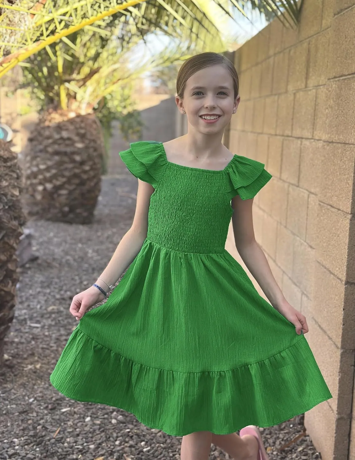 Arshiner Girls Dresses Double Pleated Sleeve Square Neck Off Shoulder with Pockets Tween Sundress Size 5-16