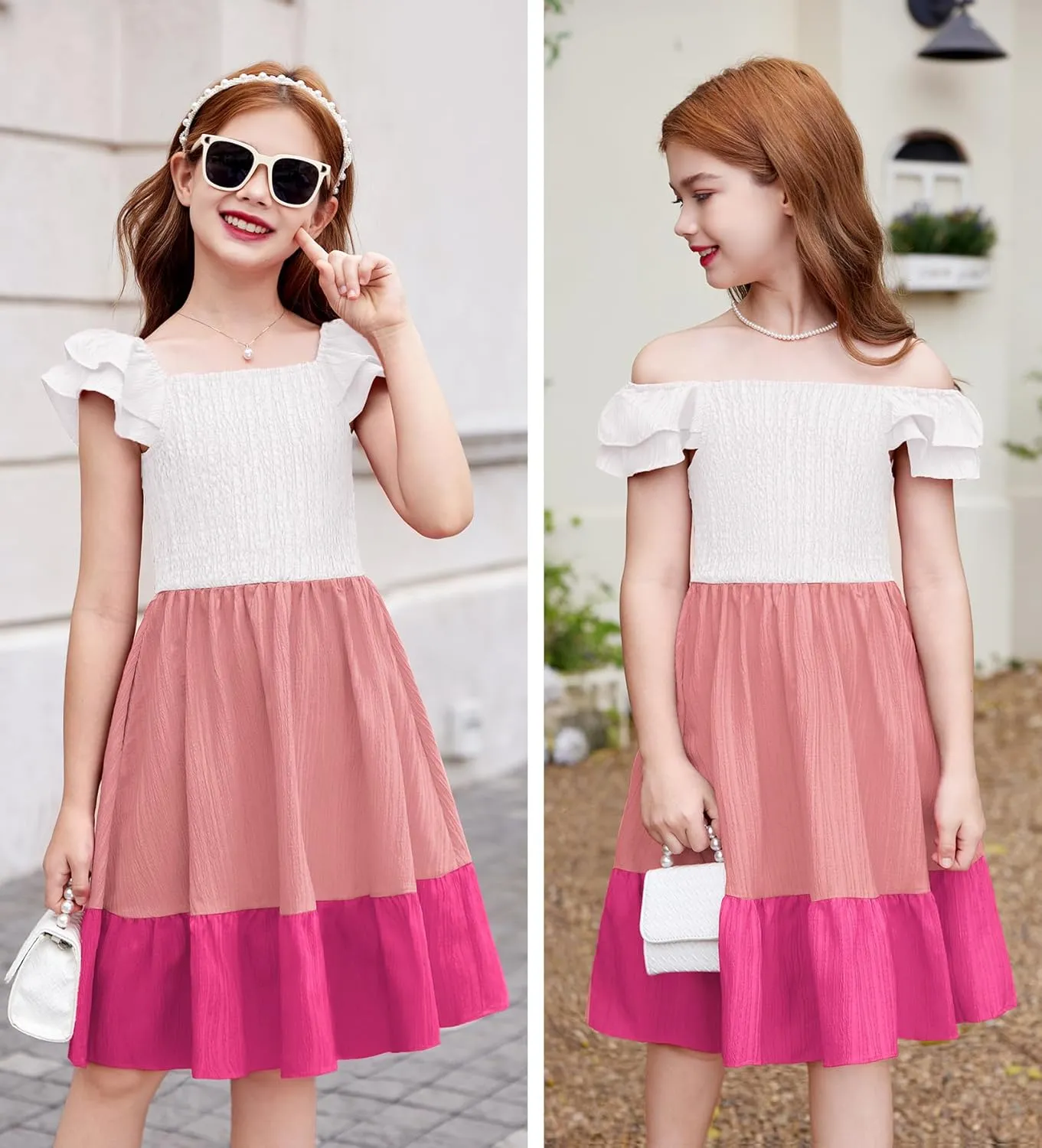 Arshiner Girls Dresses Double Pleated Sleeve Square Neck Off Shoulder with Pockets Tween Sundress Size 5-16