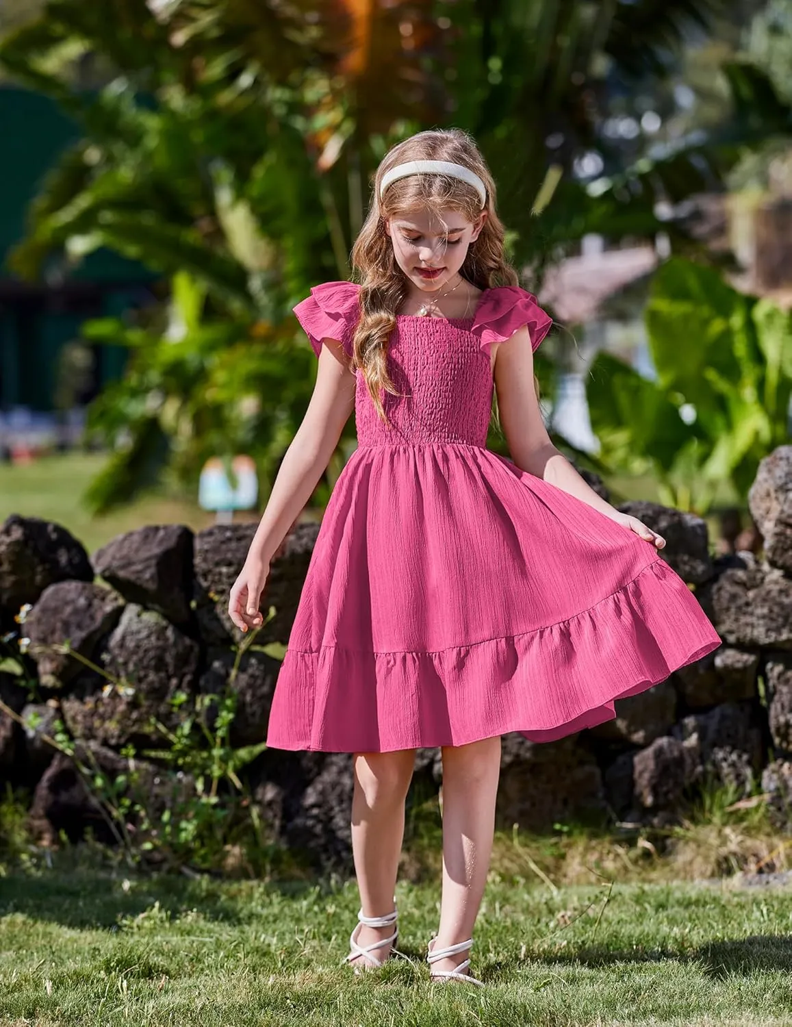 Arshiner Girls Dresses Double Pleated Sleeve Square Neck Off Shoulder with Pockets Tween Sundress Size 5-16
