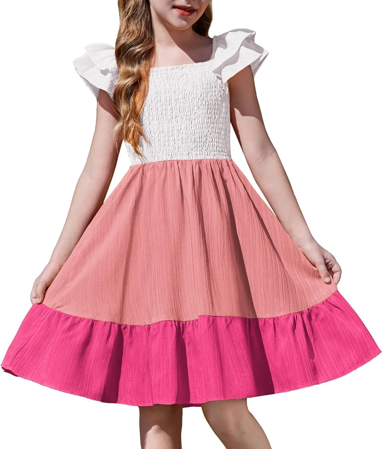Arshiner Girls Dresses Double Pleated Sleeve Square Neck Off Shoulder with Pockets Tween Sundress Size 5-16