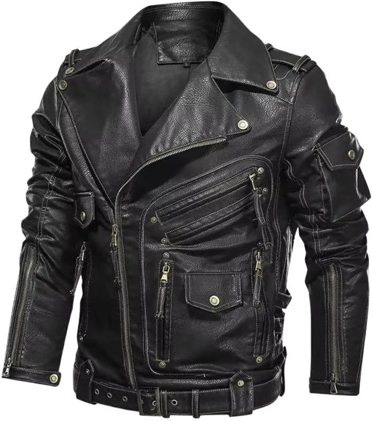 Autumn and Winter Men's Casual Leather Motorcycle Jacket, Zippered