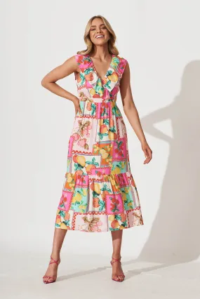 Avalon Midi Dress In Pink With Multi Patchwork Print