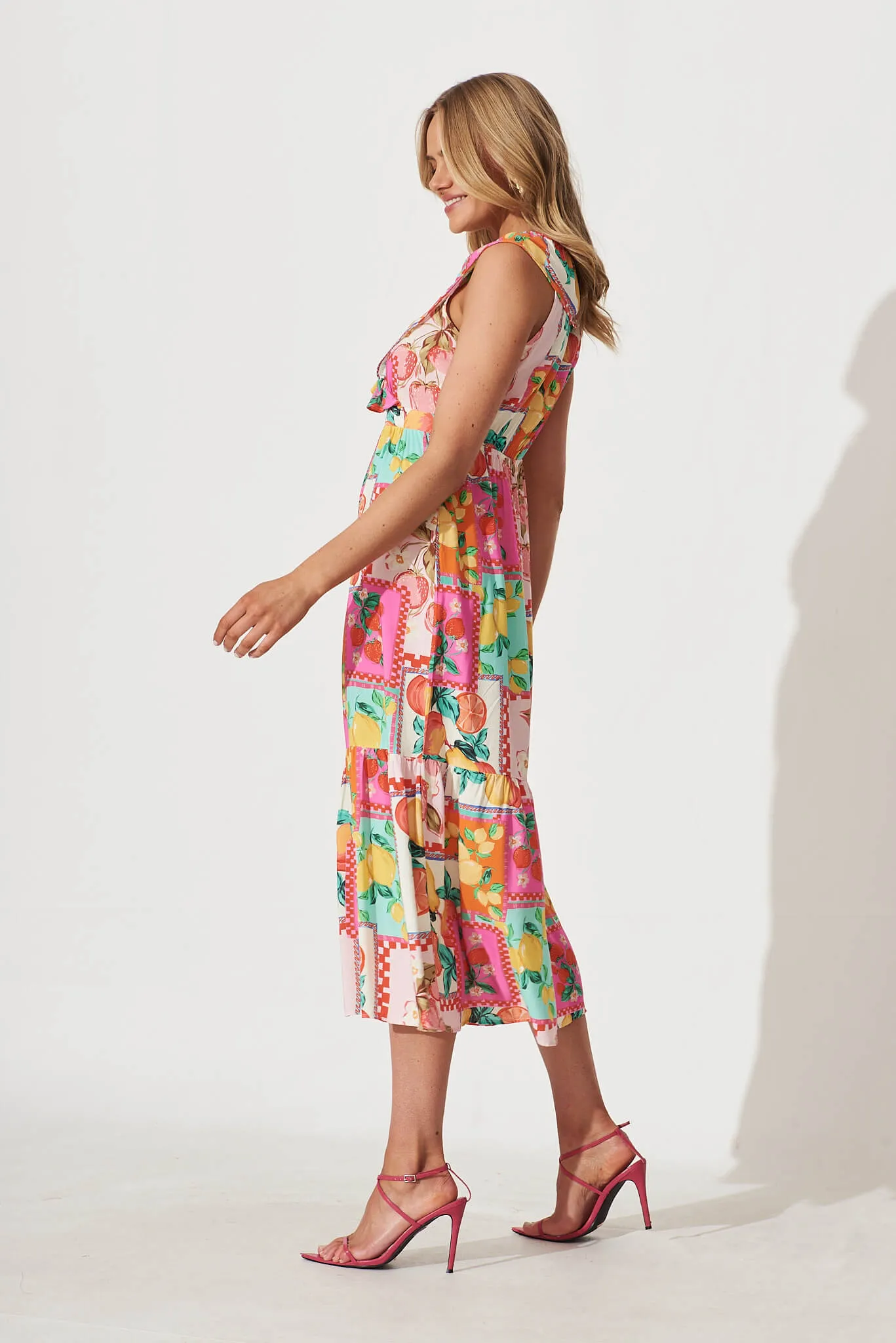 Avalon Midi Dress In Pink With Multi Patchwork Print