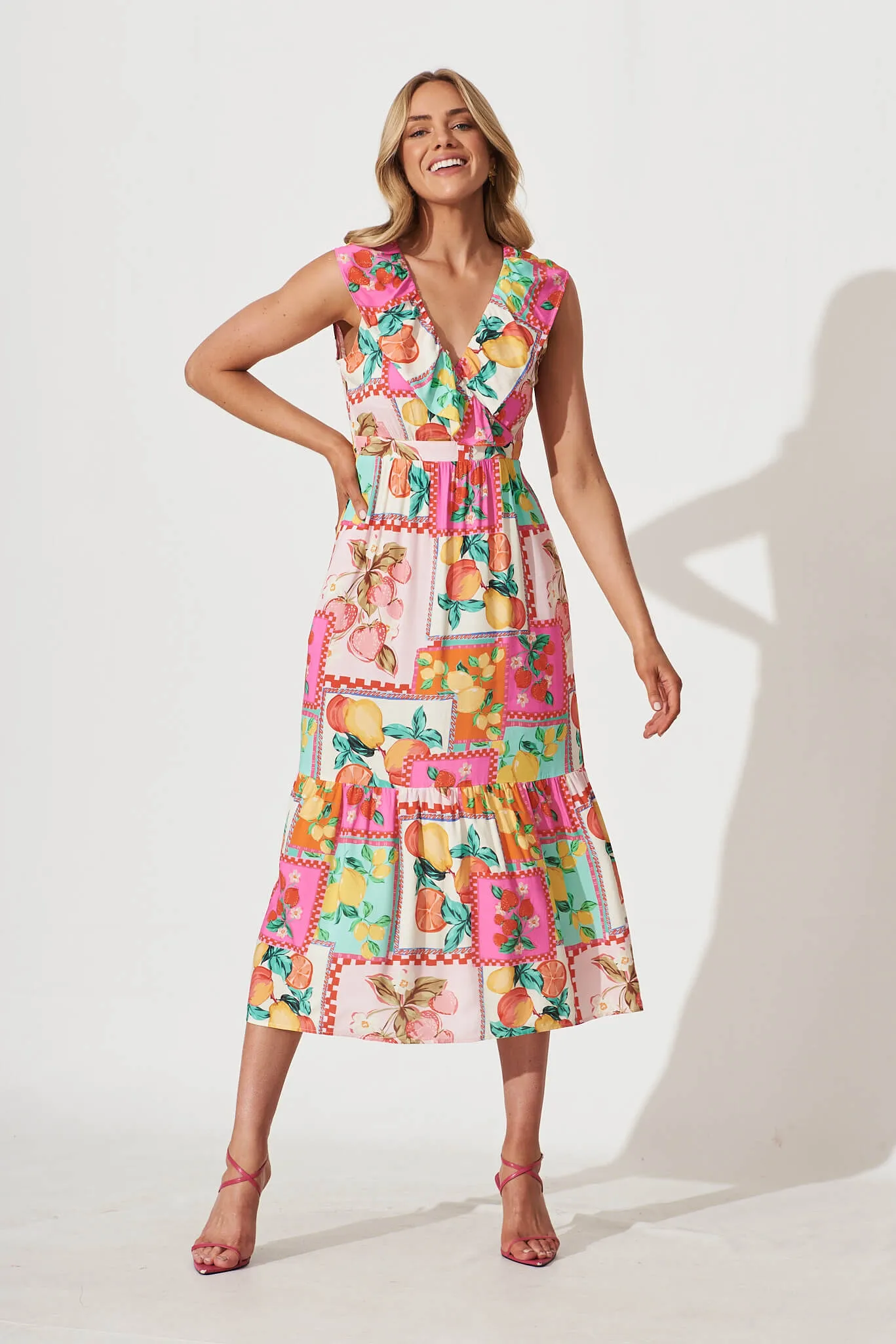 Avalon Midi Dress In Pink With Multi Patchwork Print