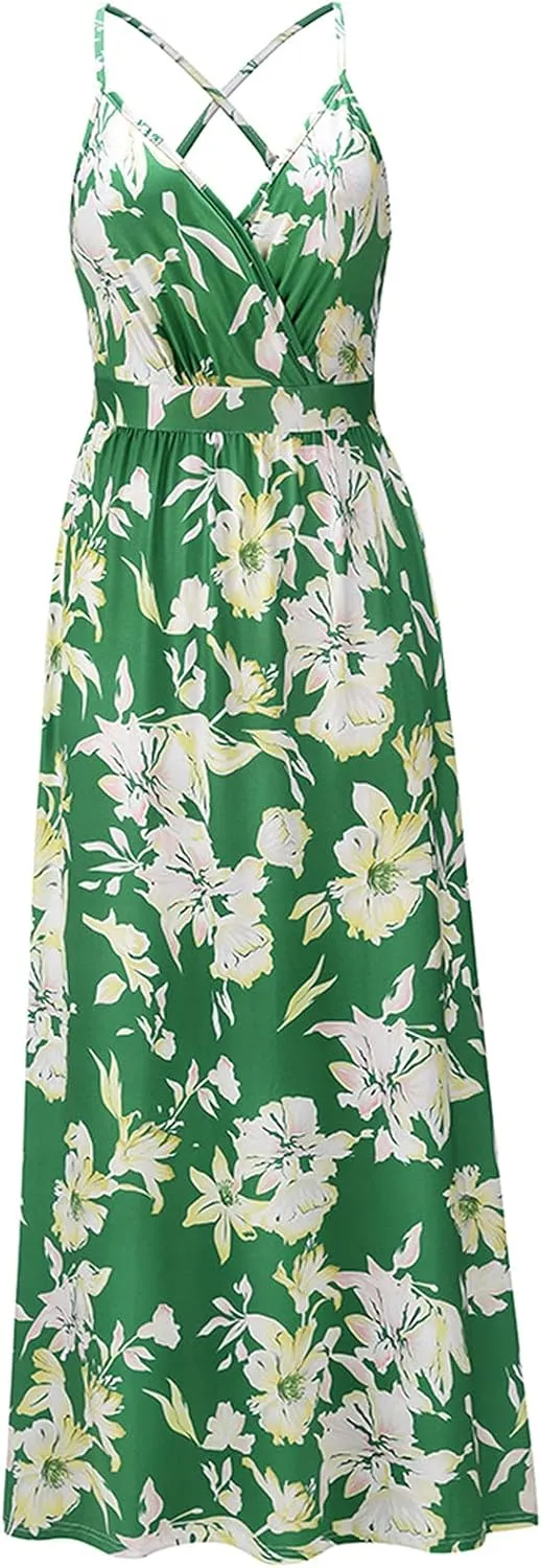 Boho Dresses for Women 2024 Floral Print V Neck Maxi Dress Spaghetti Strap Empire Waist Beach Dress Summer Dresses