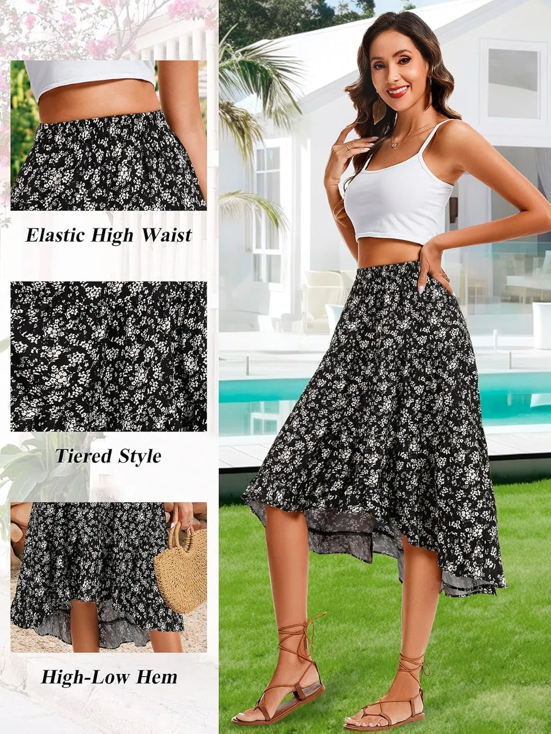 Boho Midi Skirt for Women Floral Long Summer Beach Skirts Elastic High Waist Casual Flowy Skirt High Low Hem