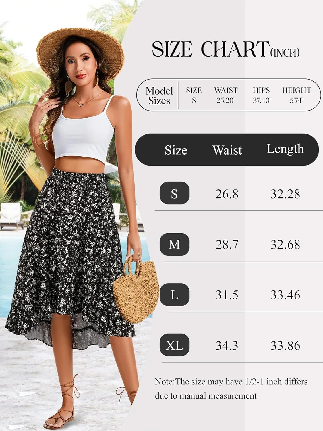 Boho Midi Skirt for Women Floral Long Summer Beach Skirts Elastic High Waist Casual Flowy Skirt High Low Hem