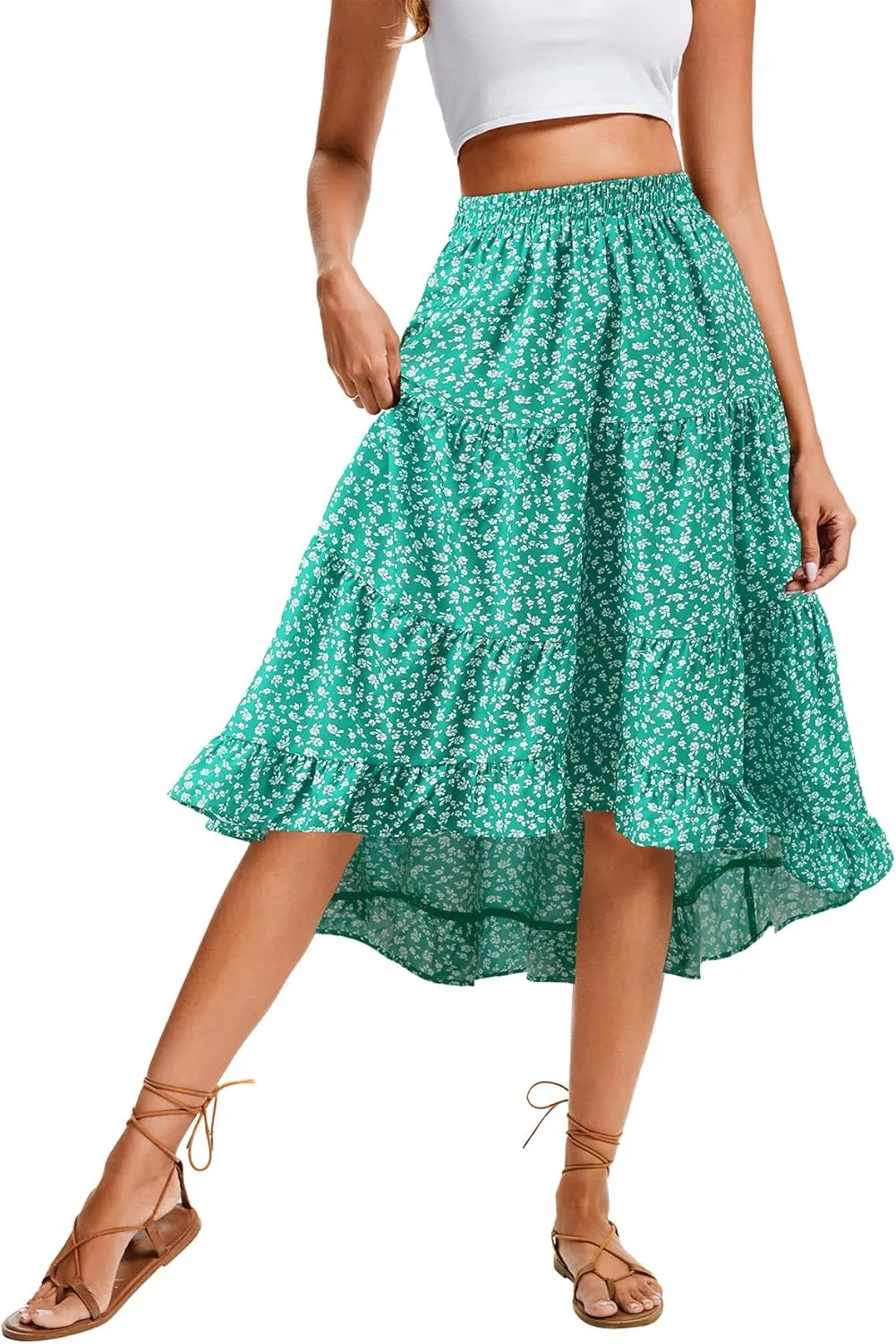 Boho Midi Skirt for Women Floral Long Summer Beach Skirts Elastic High Waist Casual Flowy Skirt High Low Hem