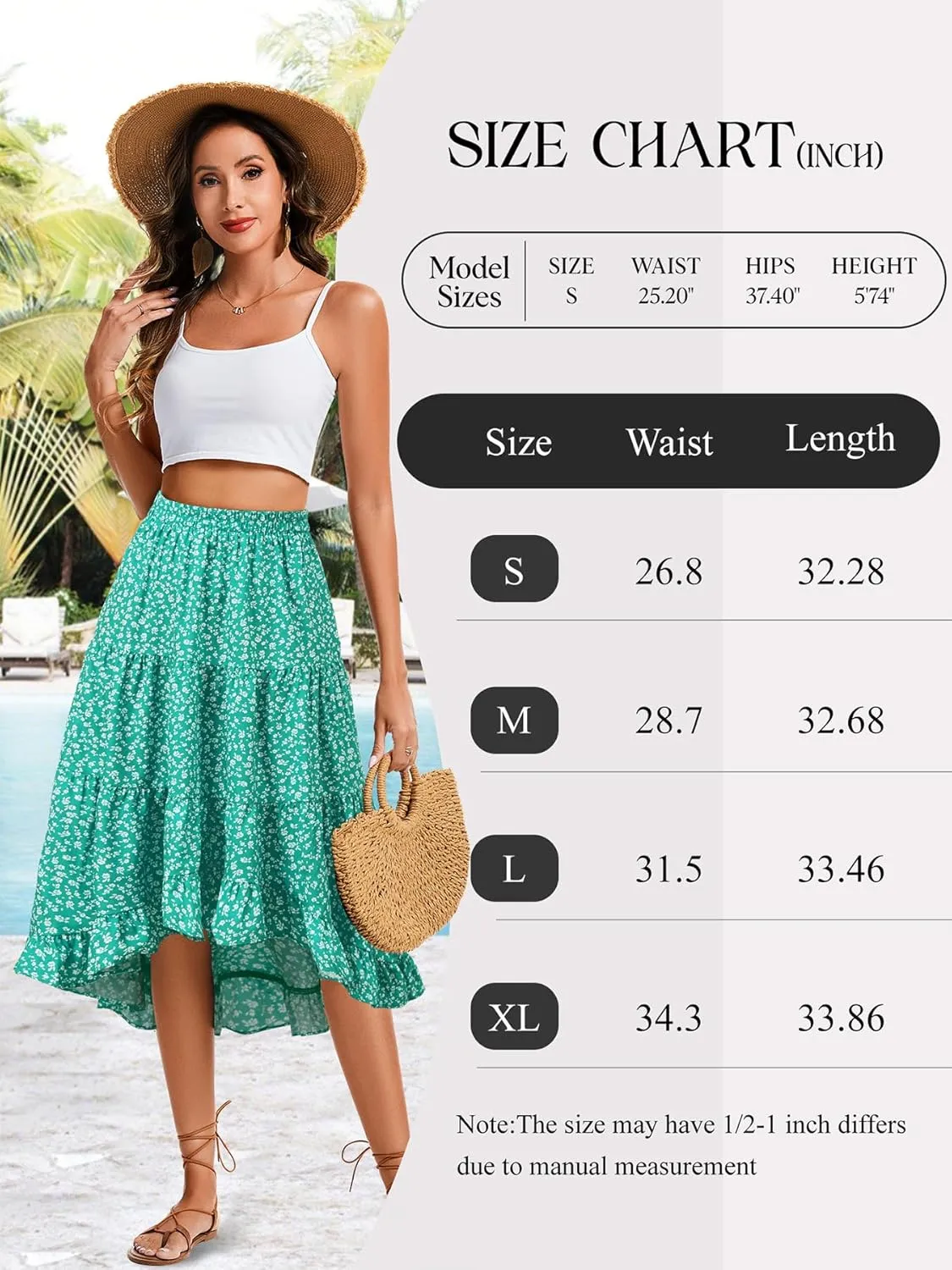 Boho Midi Skirt for Women Floral Long Summer Beach Skirts Elastic High Waist Casual Flowy Skirt High Low Hem