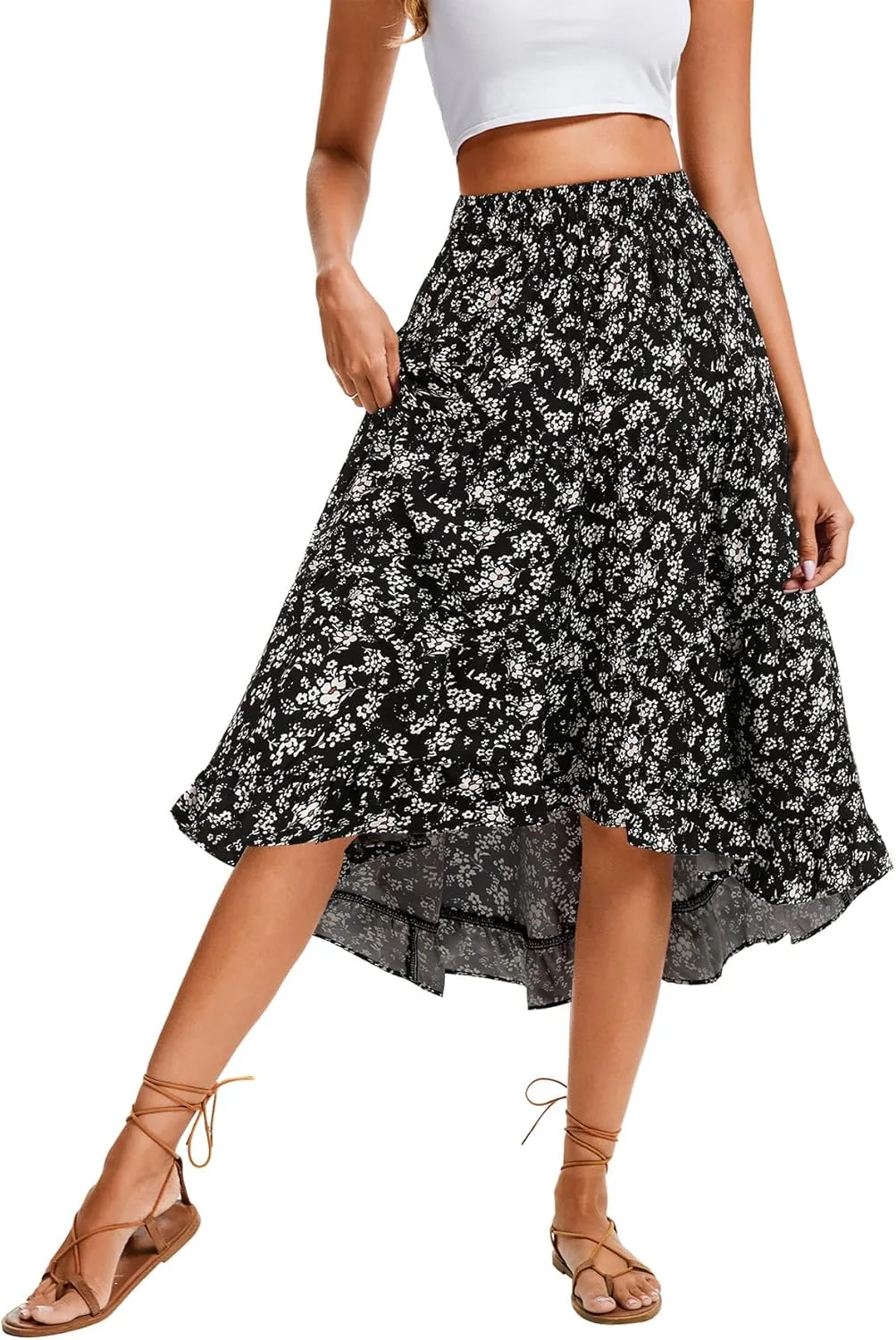 Boho Midi Skirt for Women Floral Long Summer Beach Skirts Elastic High Waist Casual Flowy Skirt High Low Hem