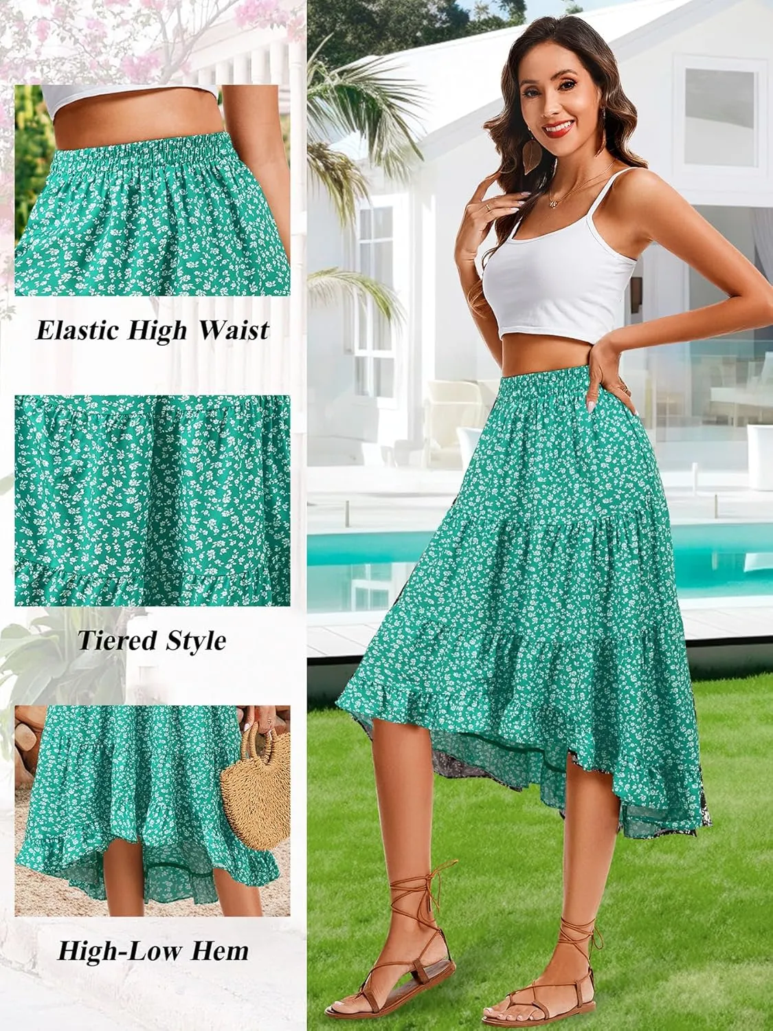 Boho Midi Skirt for Women Floral Long Summer Beach Skirts Elastic High Waist Casual Flowy Skirt High Low Hem