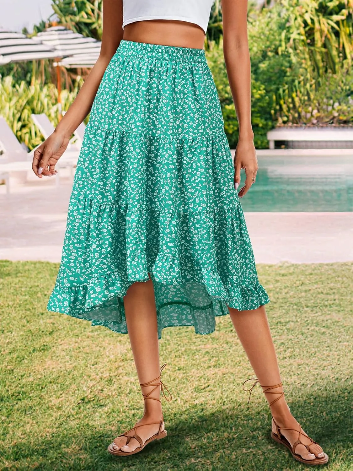 Boho Midi Skirt for Women Floral Long Summer Beach Skirts Elastic High Waist Casual Flowy Skirt High Low Hem