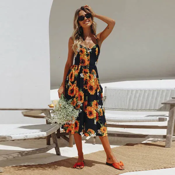 Boho Sexy Floral Dress Summer Vintage Casual Sundress