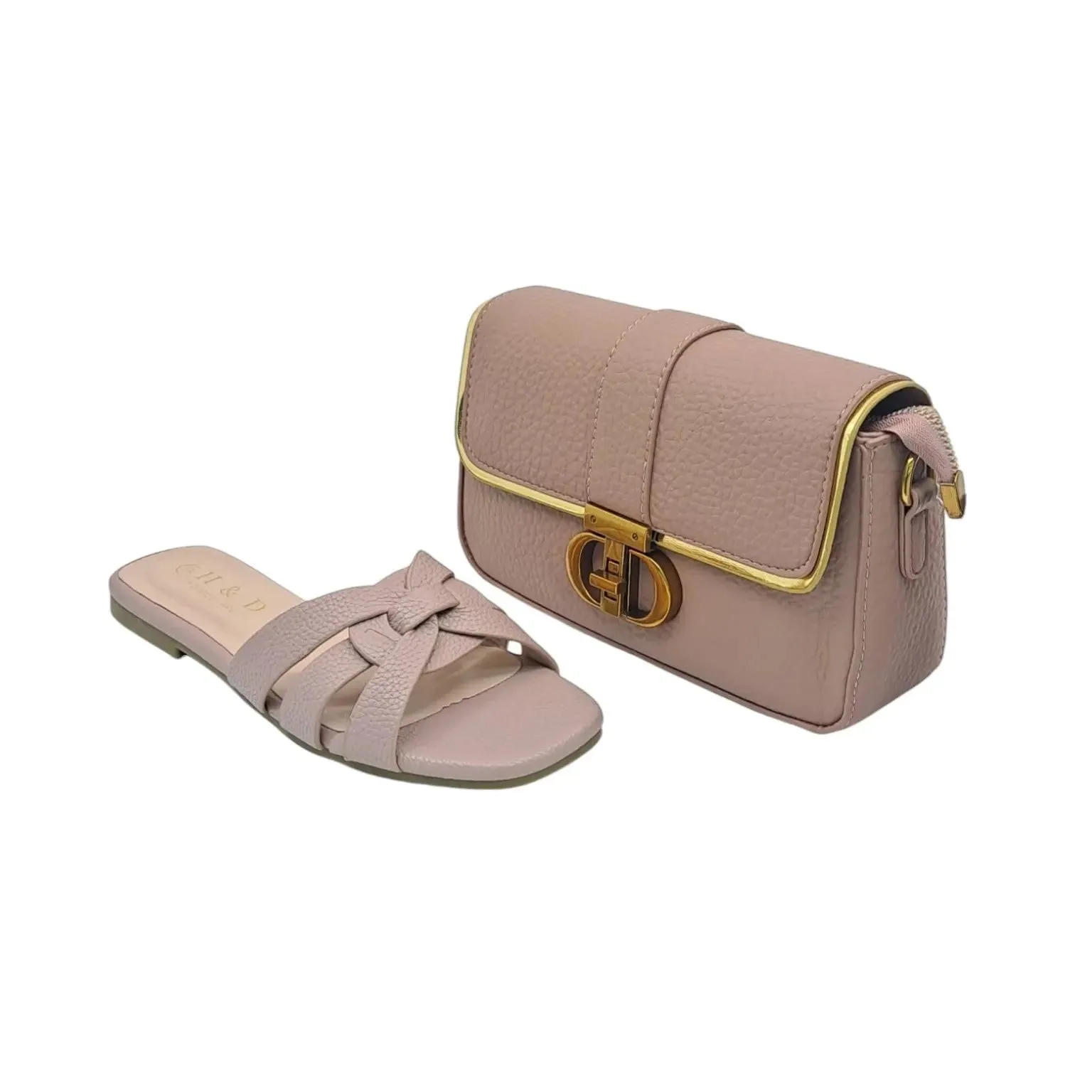 Braided Flat Sandal and Leather Handbag Set