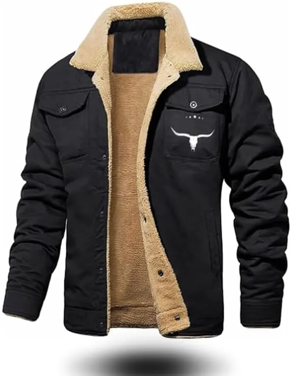 Bullhorn Mens Fleece Jacket, Western Cowboy Jacket Retro Western Jacket, Fleece-Lined Cotton Casual Jacket