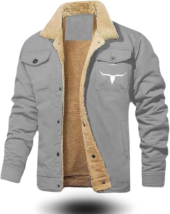 Bullhorn Mens Fleece Jacket, Western Cowboy Jacket Retro Western Jacket, Fleece-Lined Cotton Casual Jacket