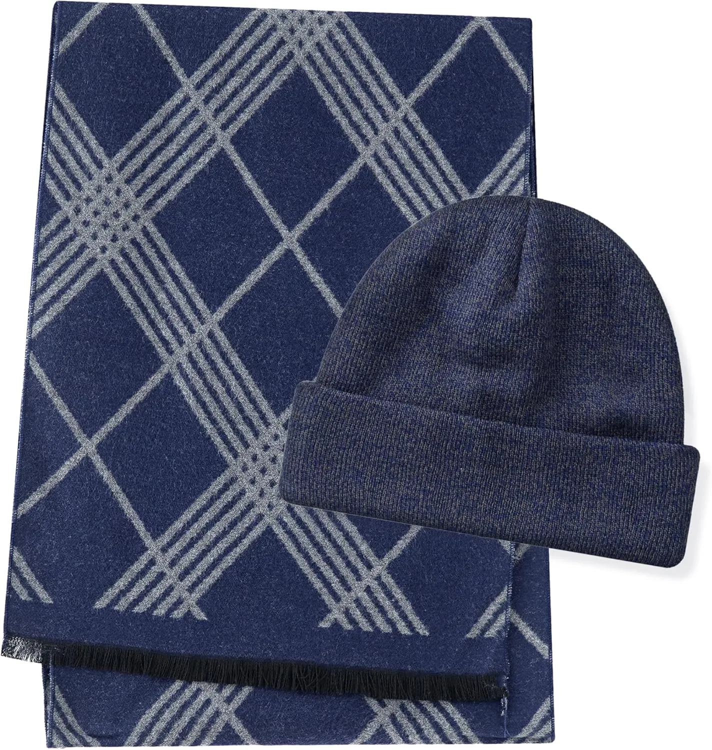 CALVIN & OLIVIA Mens Winter Warm Long Soft Scarf Plaid Tassel Scarf for Men Soft Classic Scarves Navy Grey Plaid Set