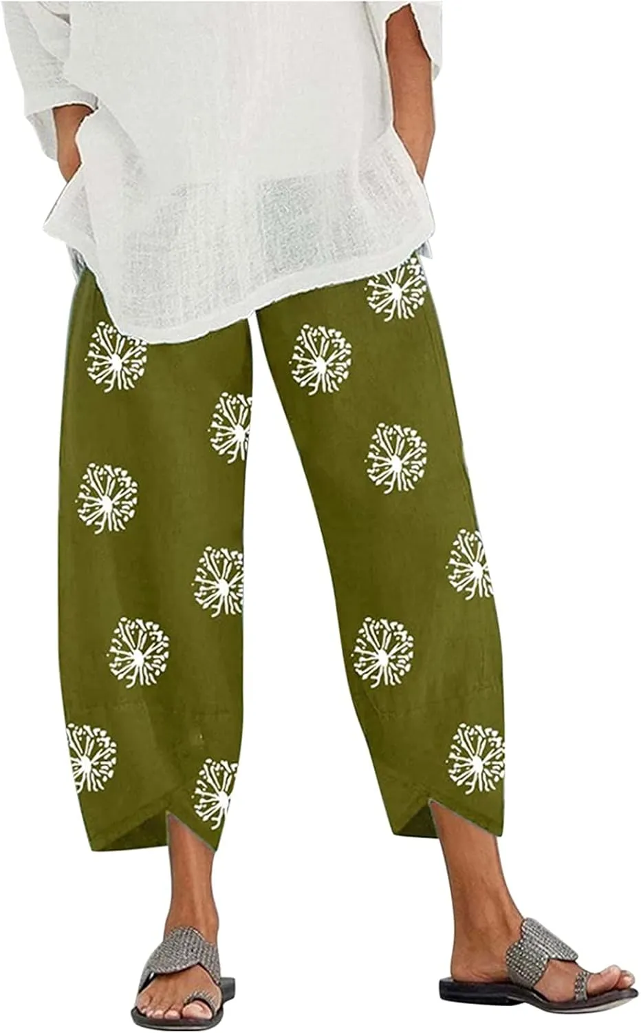 Cotton Linen Capri Pants for Women 2025 Casual Printed Cropped Palazzo Pants Elastic Waist Lounge Baggy Trousers