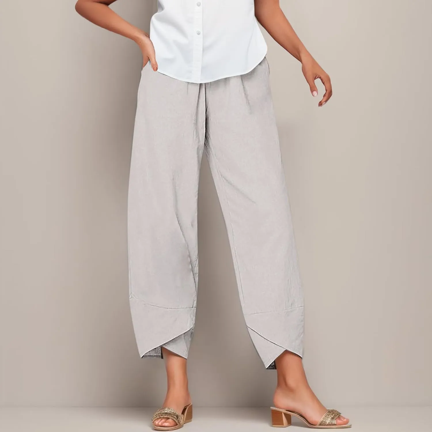 Cotton Linen Pants for Women Wide Leg Elastic Waist Printed Capri Pant Casual Loose Summer Cropped Trousers with Pockets