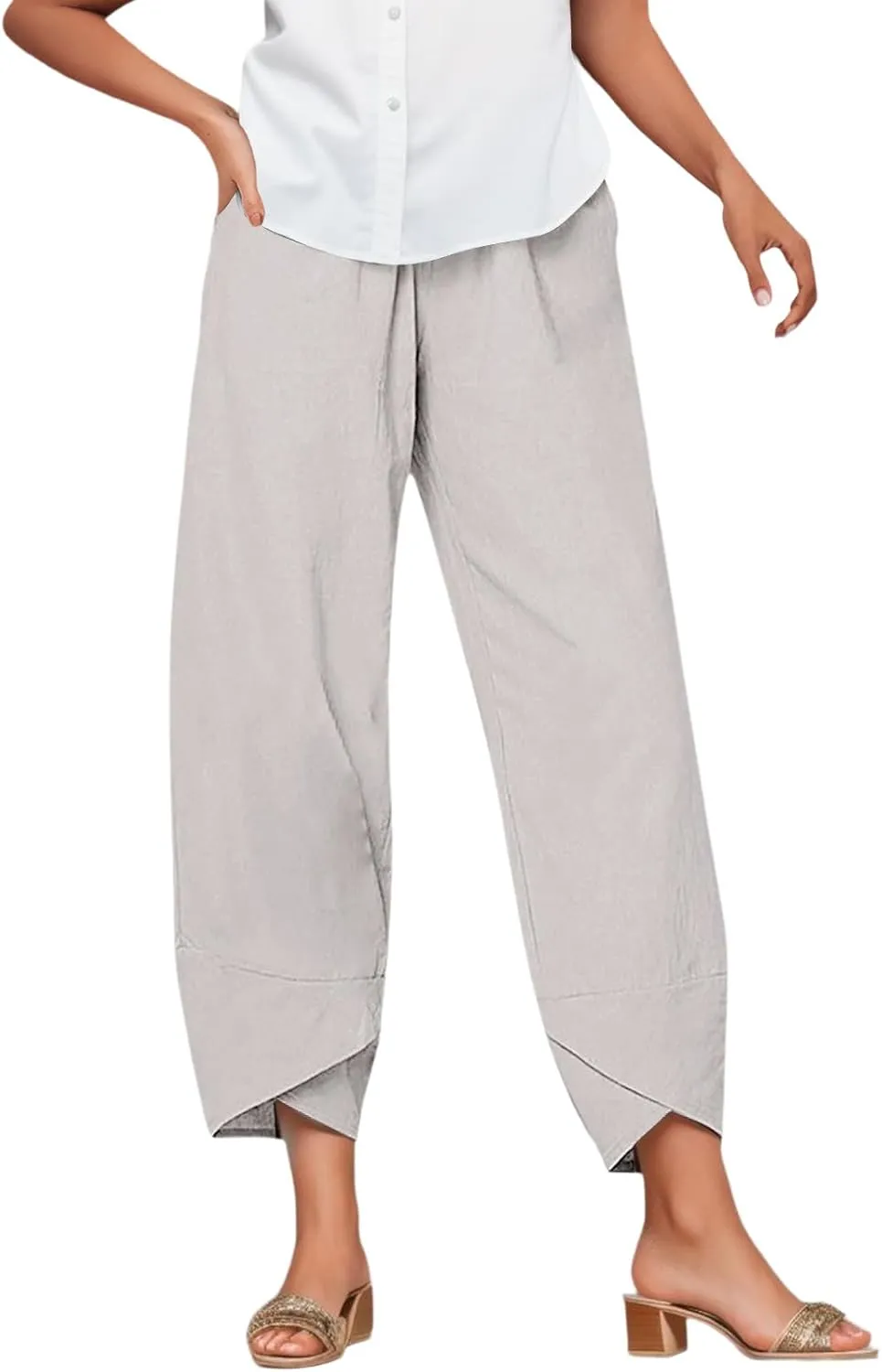 Cotton Linen Pants for Women Wide Leg Elastic Waist Printed Capri Pant Casual Loose Summer Cropped Trousers with Pockets