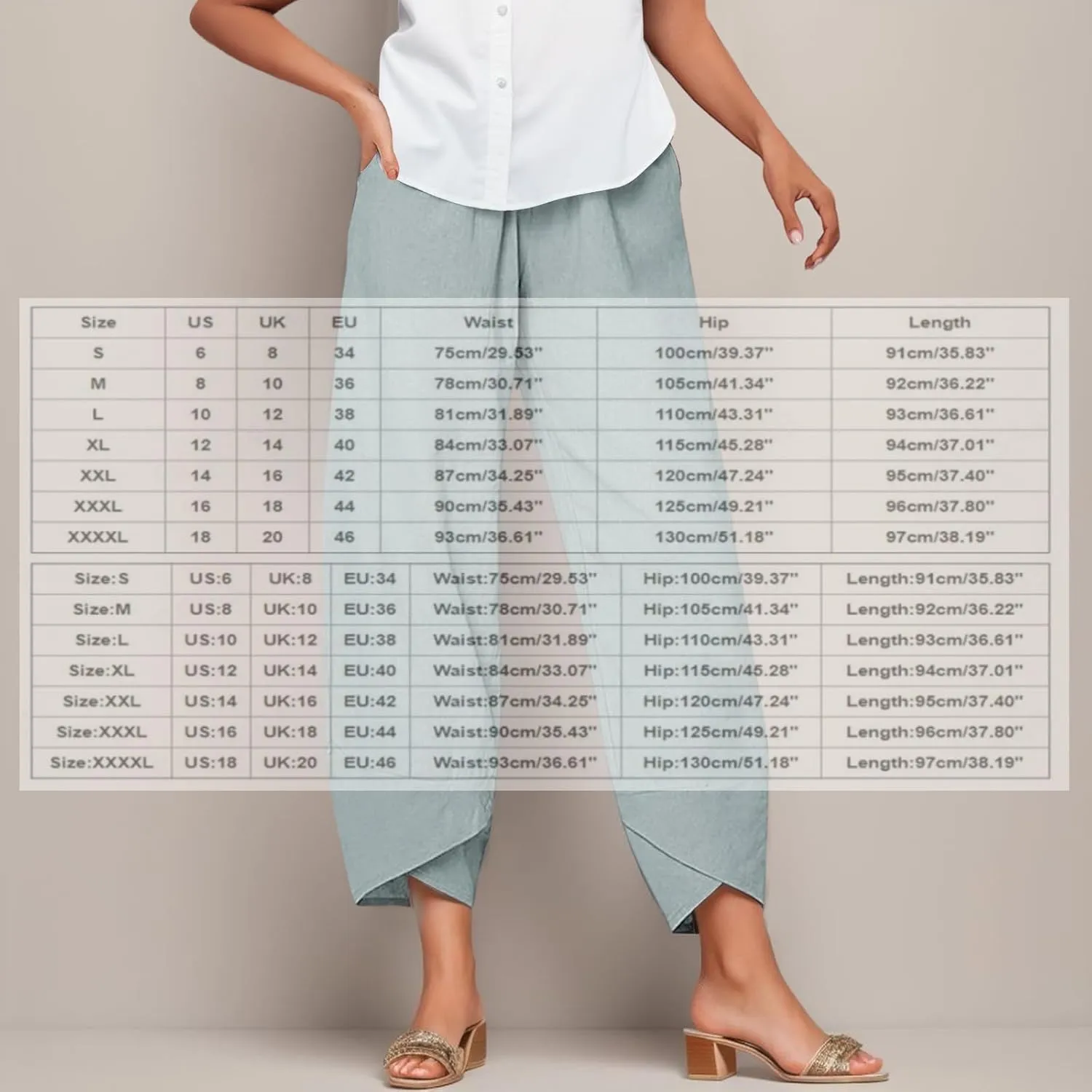 Cotton Linen Pants for Women Wide Leg Elastic Waist Printed Capri Pant Casual Loose Summer Cropped Trousers with Pockets