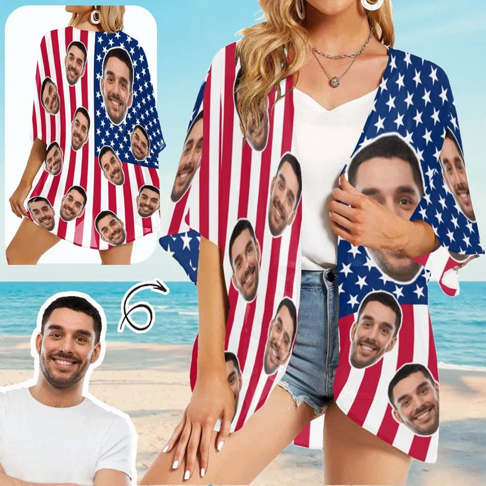 Cover Up Custom Face American National Flag Personalized Women's Kimono Chiffon Cover Up Gift