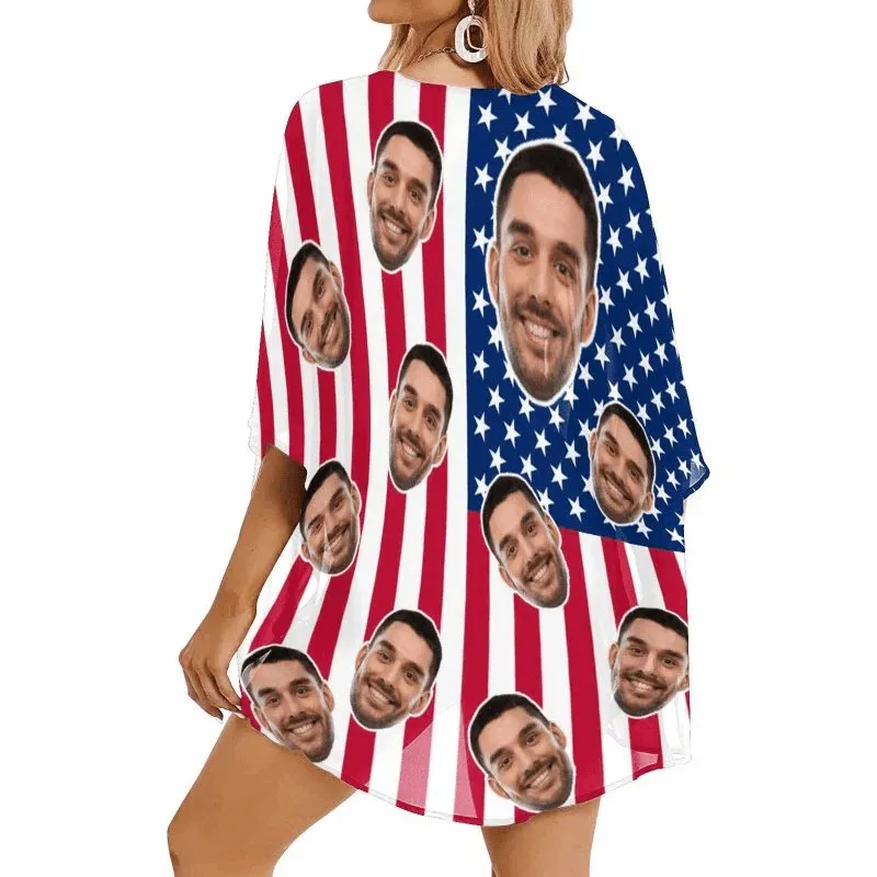 Cover Up Custom Face American National Flag Personalized Women's Kimono Chiffon Cover Up Gift