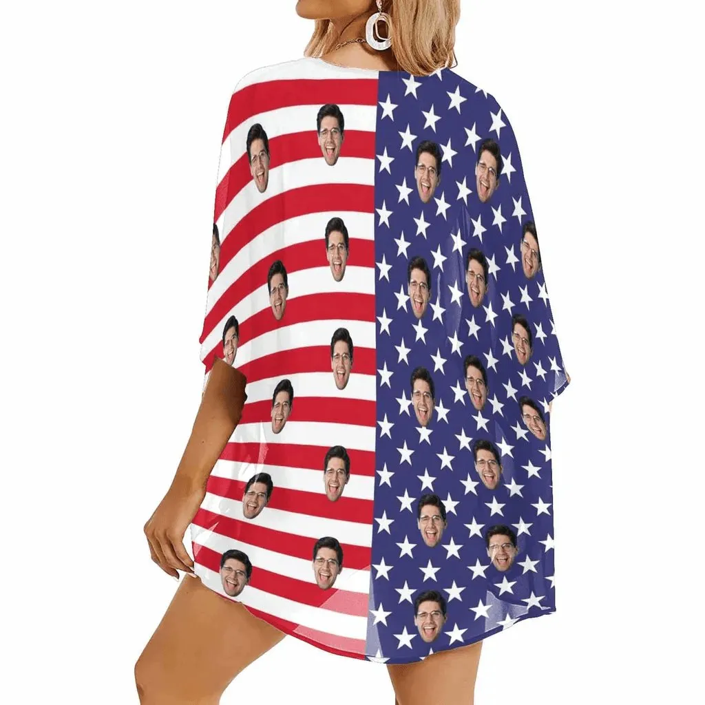 Cover Up Custom Face American National Flag Personalized Women's Kimono Chiffon Cover Up Gift