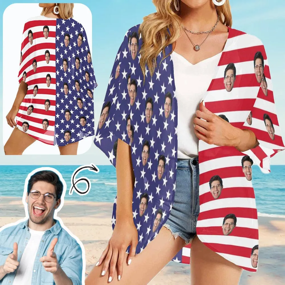 Cover Up Custom Face American National Flag Personalized Women's Kimono Chiffon Cover Up Gift