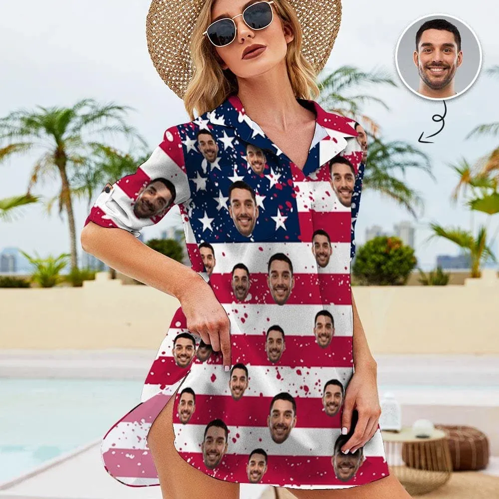 Cover Up Custom Face American National Flag Personalized Women's Kimono Chiffon Cover Up Gift