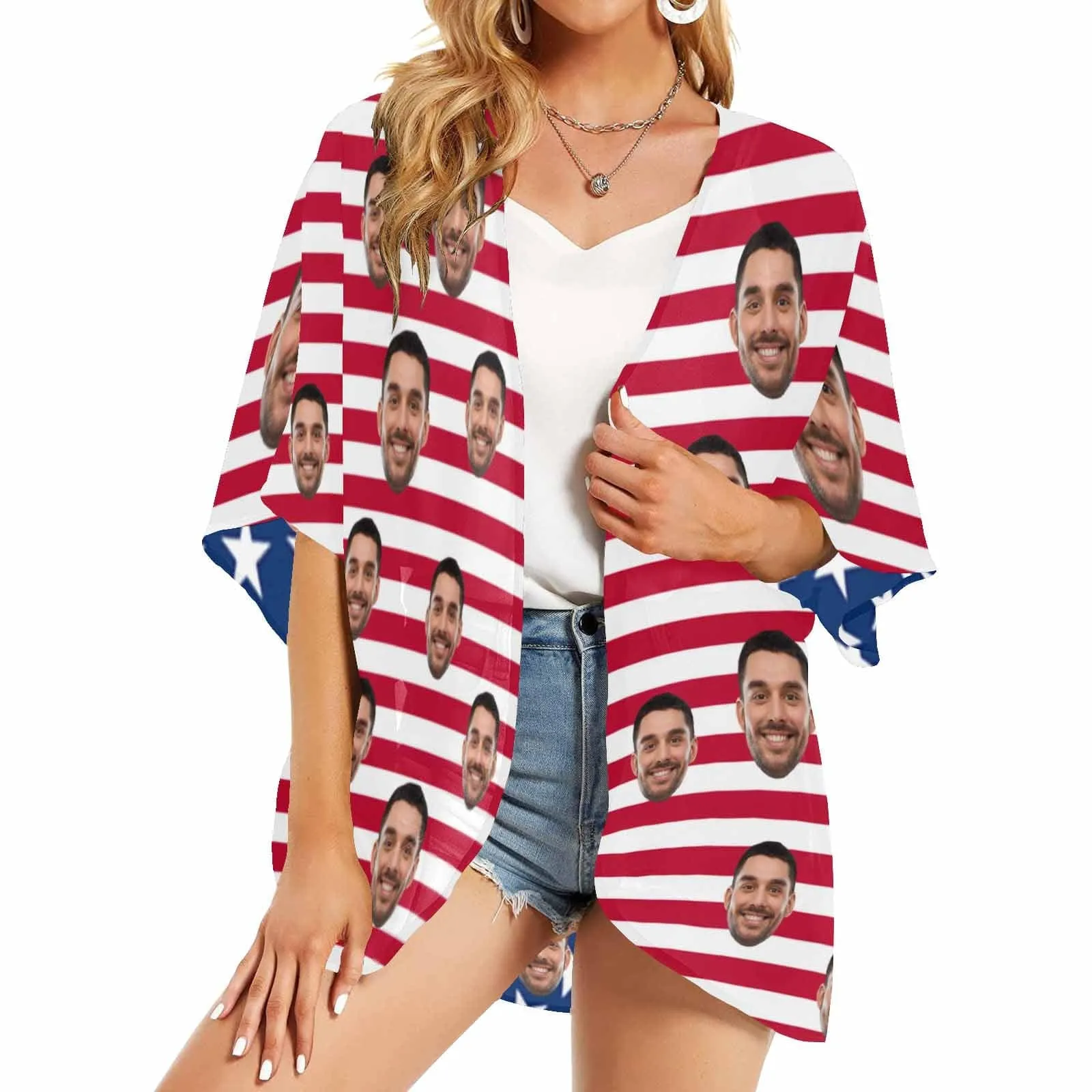 Cover Up Custom Face American National Flag Personalized Women's Kimono Chiffon Cover Up Gift