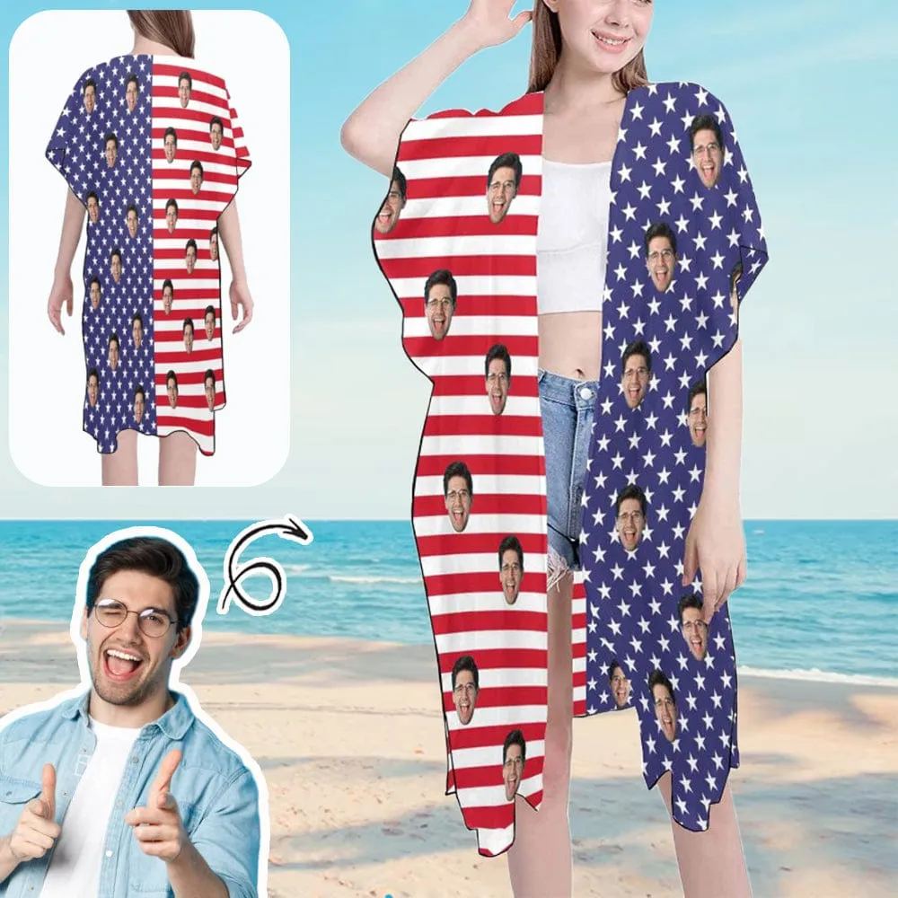 Cover Up Custom Face American National Flag Personalized Women's Kimono Chiffon Cover Up Gift