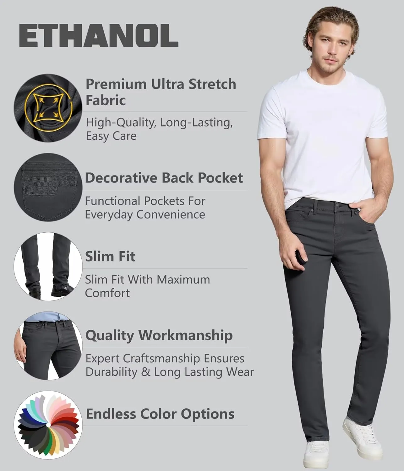 ETHANOL Mens Comfortable Stretch Trousers Slim Fit Straight Leg Stylish Design Pants