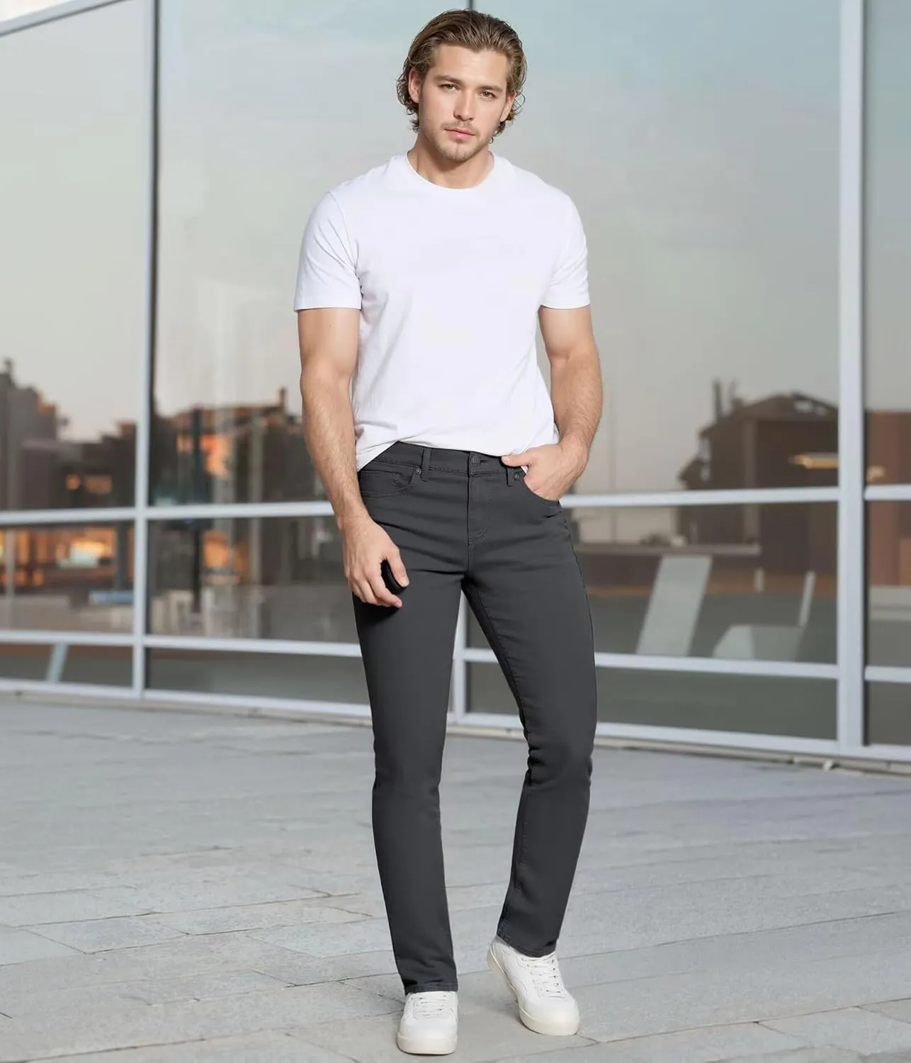 ETHANOL Mens Comfortable Stretch Trousers Slim Fit Straight Leg Stylish Design Pants