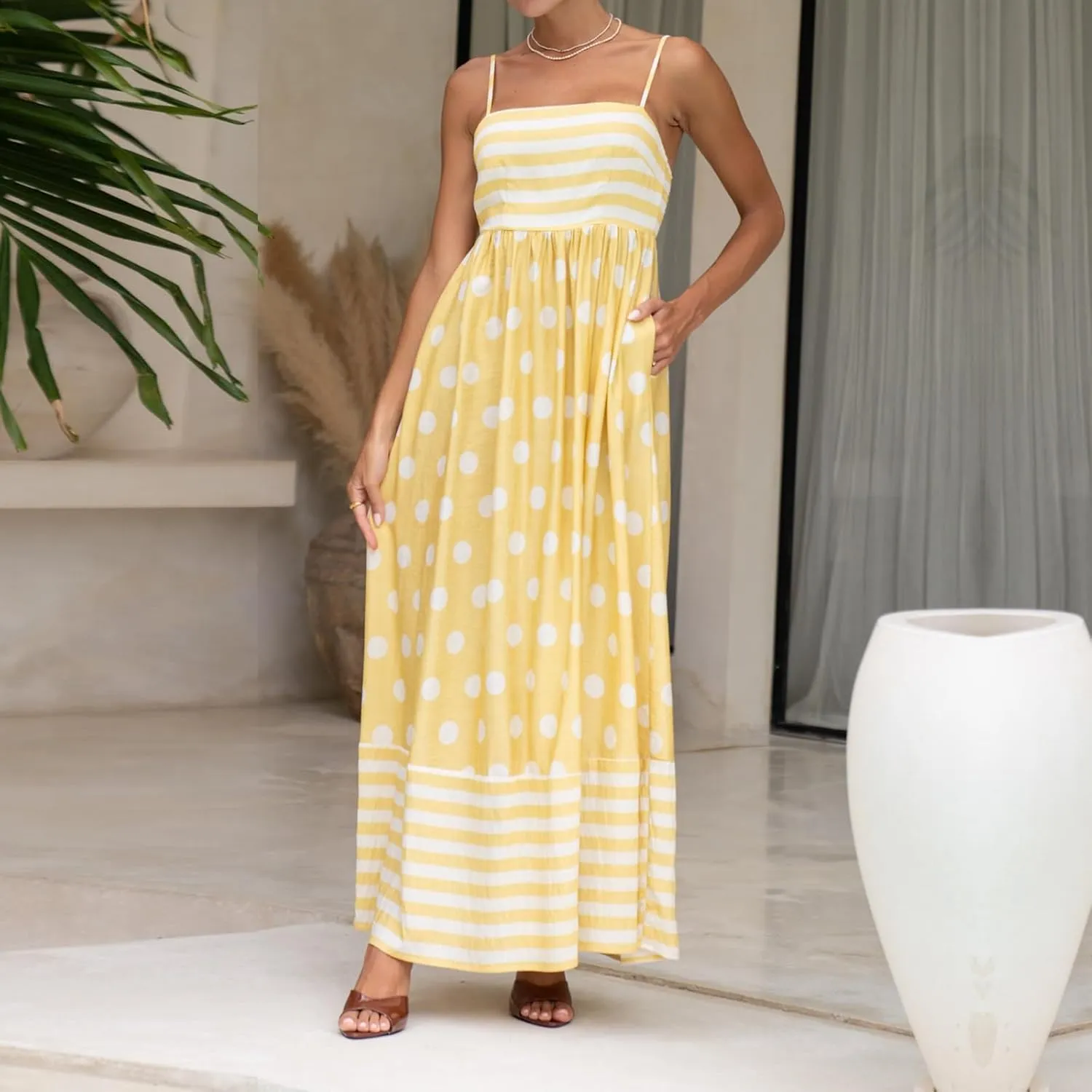 Faretumiya Women Spaghetti Strap Flowy Maxi Dress Sleeveless Stripe Print Smocked Boho Ruffle Vacation Long Beach Sundress