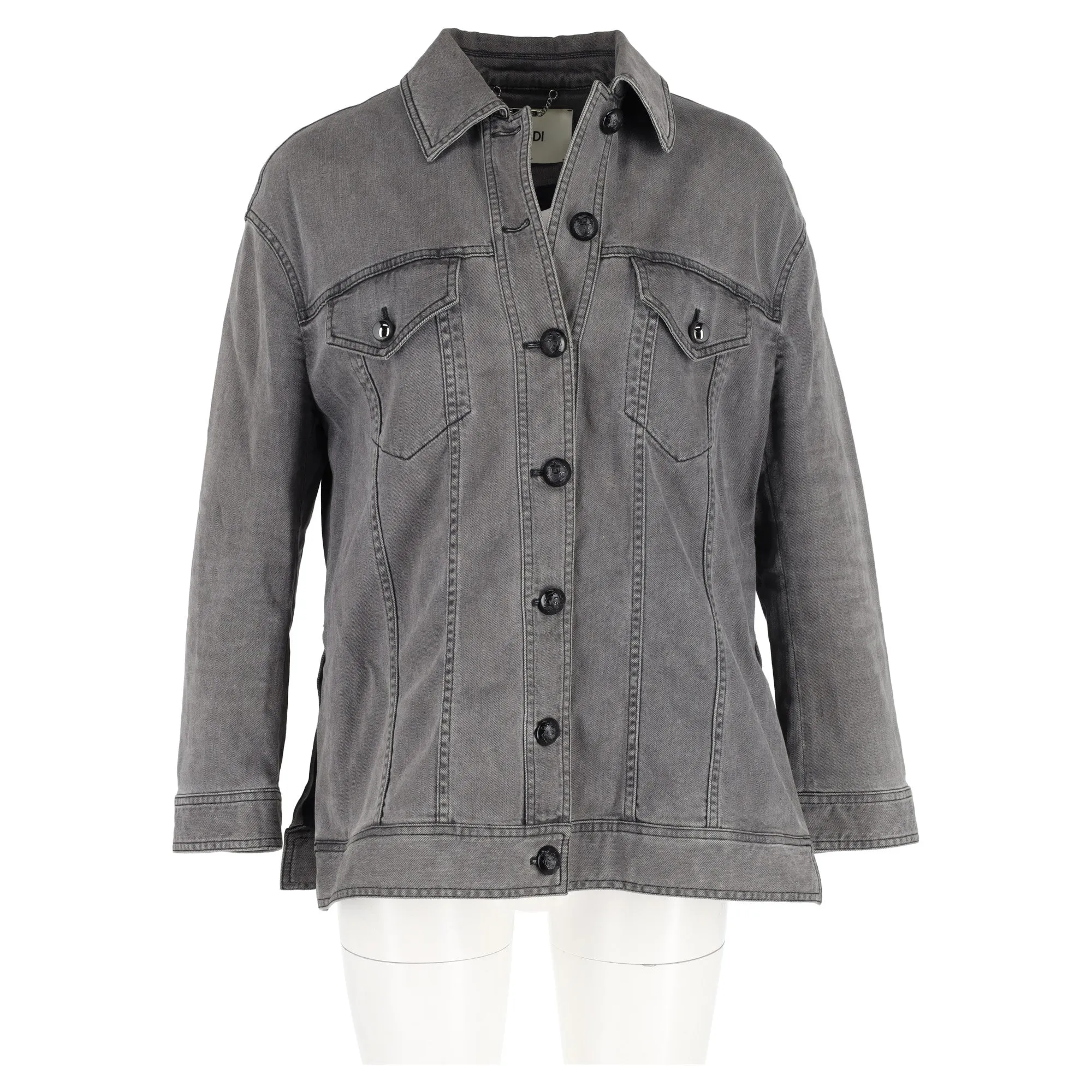 Fendi Embellished Trucker Jacket in Grey Cotton Denim