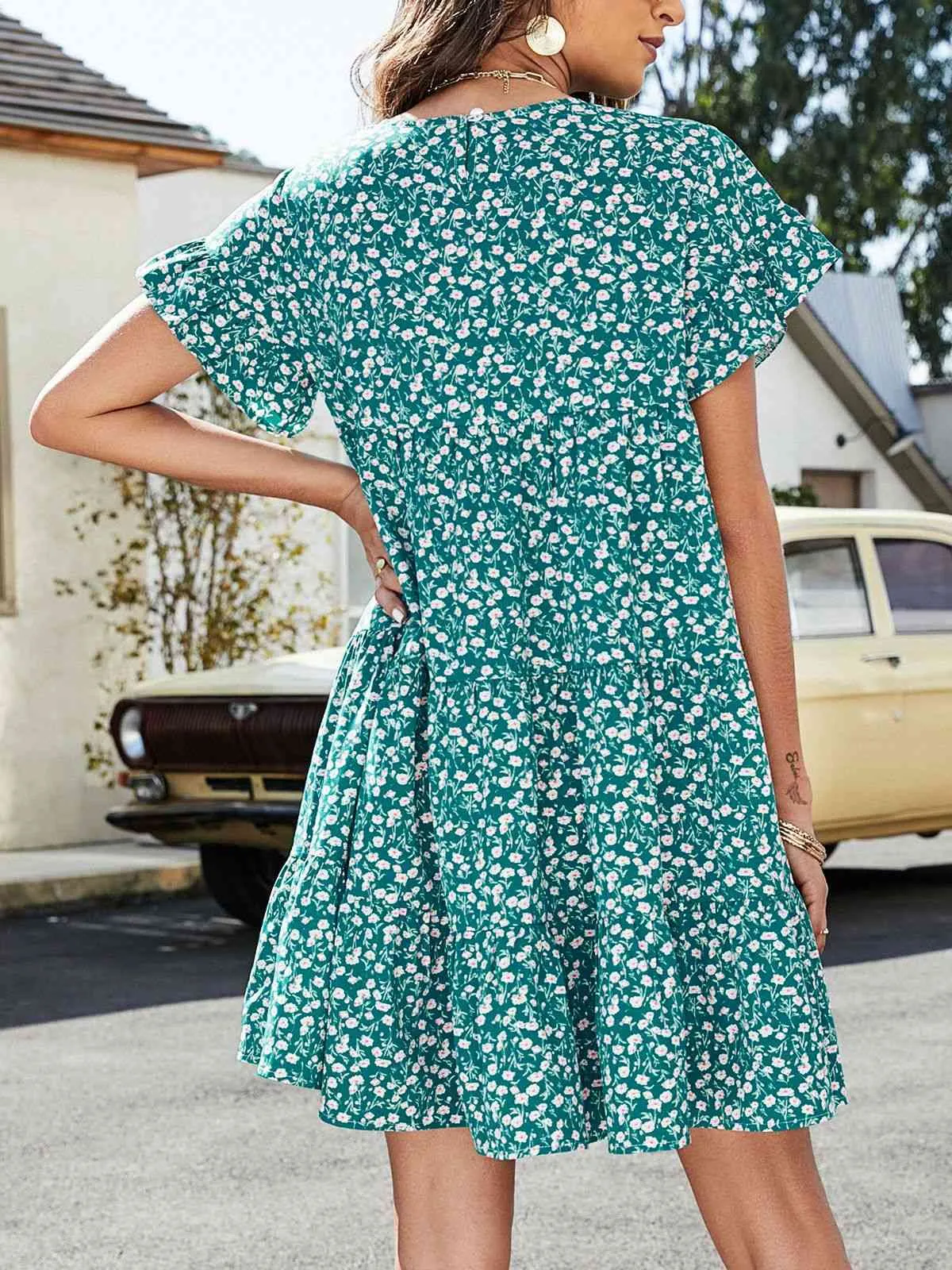 Flounce Sleeve Short Tiered Dress