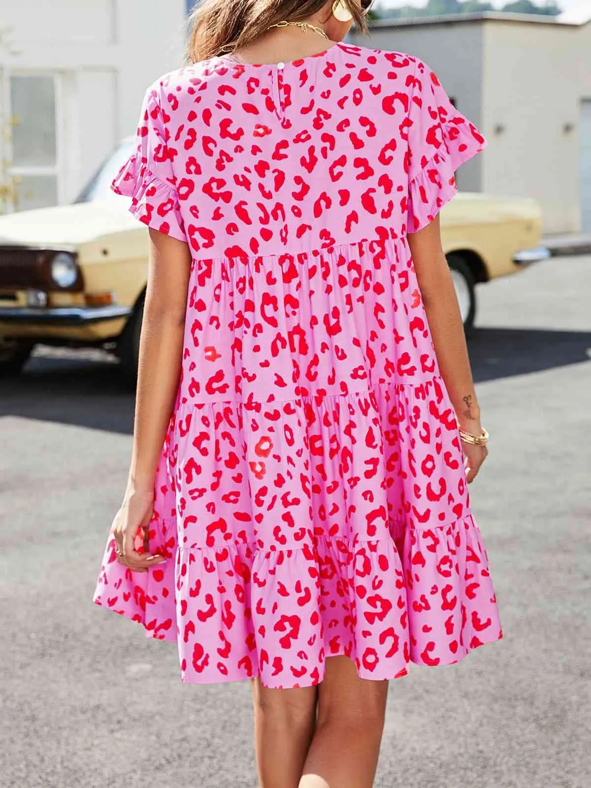 Flounce Sleeve Short Tiered Dress
